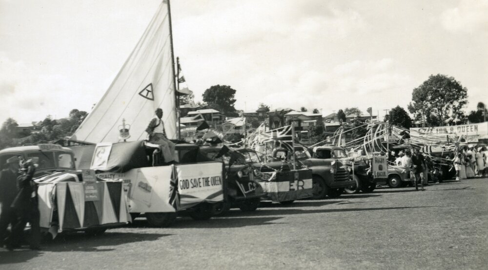 Floats, Queen Elizabeth II Coronation Day celebrations, Albert Park, Gympie, 2 June 1953