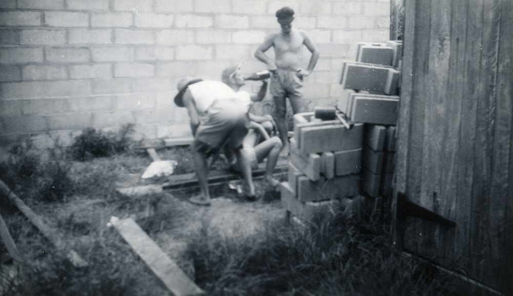 Thirsty work, Clubhouse construction, Lake Cootharaba Sailing Club, Boreen Point, 1960
