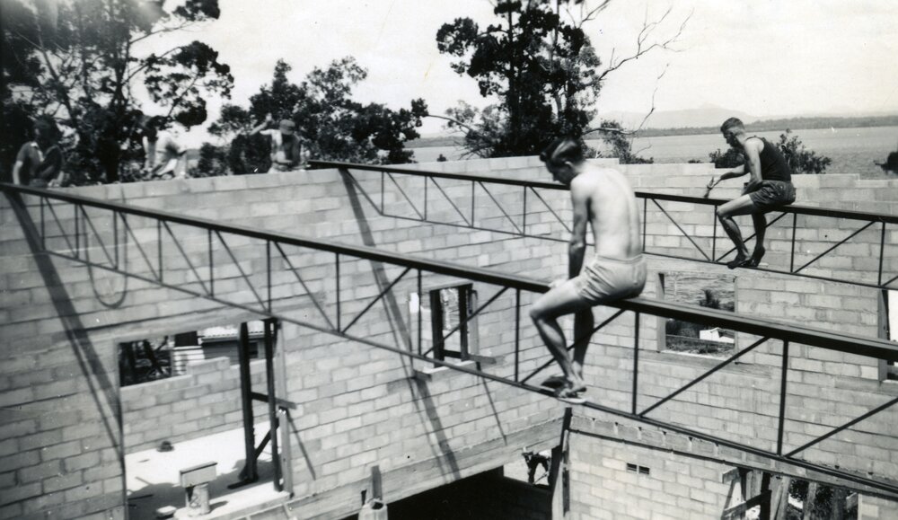 Under construction, Les and Bryan, Lake Cootharaba Sailing Clubhouse, Boreen Point, September 1962
