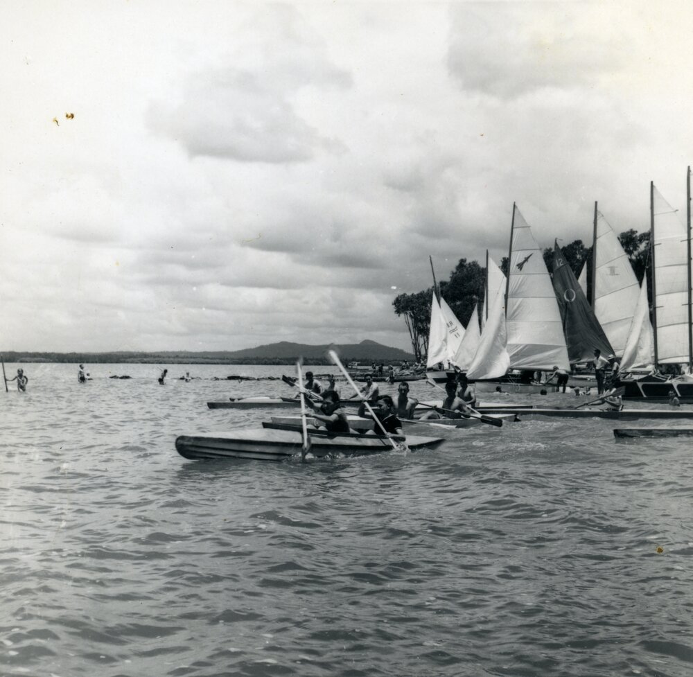 Members in action, Lake Cootharaba Sailing Club, Lake Cootharaba, ca 1950s