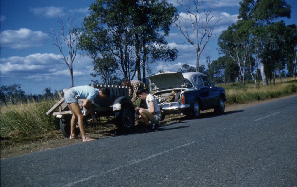 Transporting building materials, Lake Cootharaba Sailing Club members, ca 1960