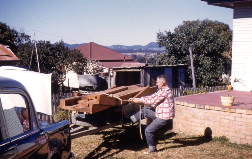 Another load, Clubhouse construction, Lake Cootharaba Sailing Club members, ca 1960