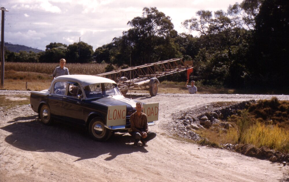 A long load, Clubhouse construction, Lake Cootharaba Sailing Club members, ca 1960