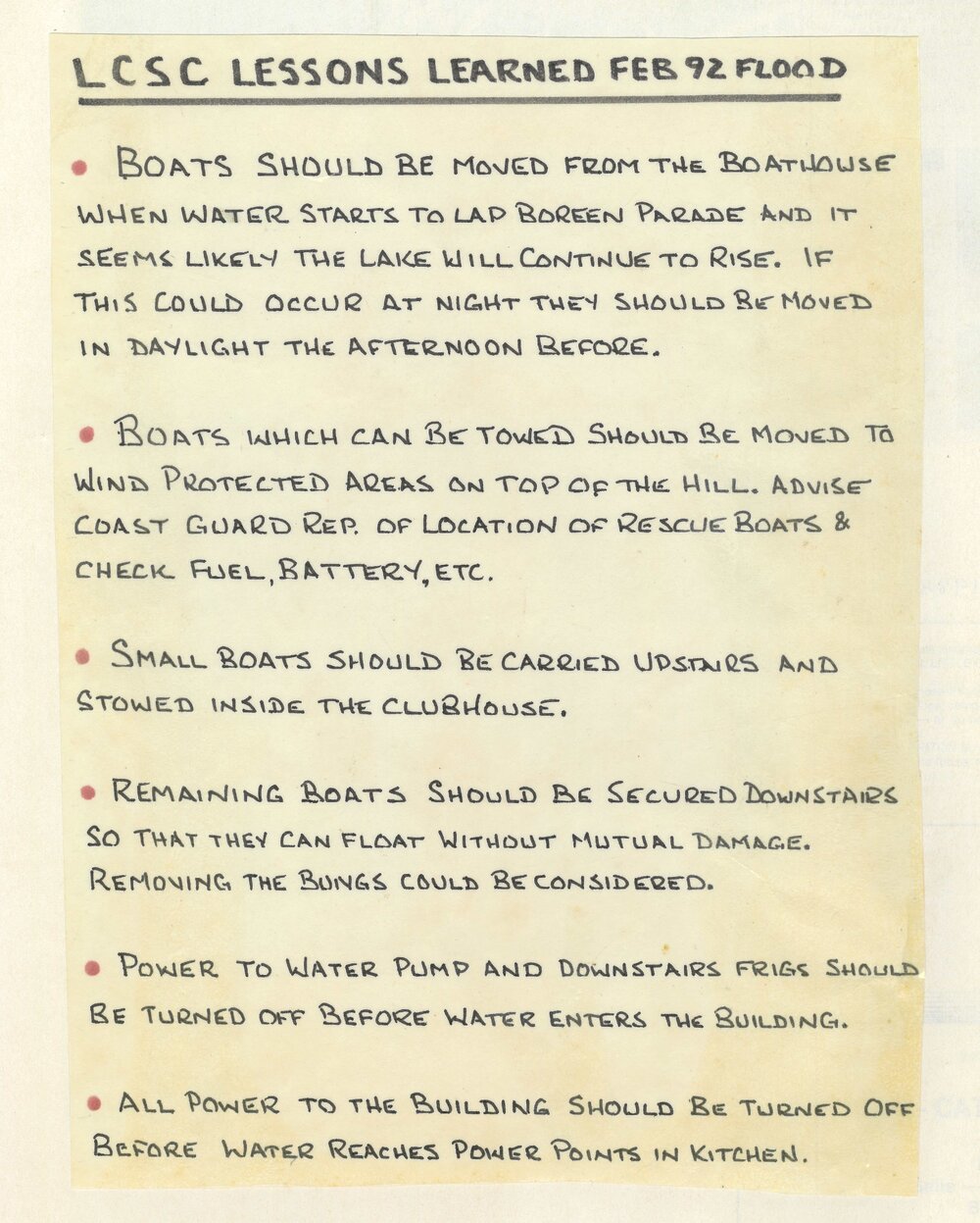 'Lessons Learned', Flood aftermath, Lake Cootharaba Sailing Club, February 1992