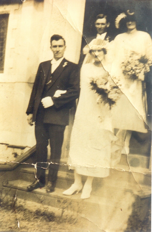 Wedding portrait, Percy Stjernqvist and Mary Ann Stjernqvist (nee Baulch), St. Saviour's Church of England, Laidley, 13 June 1925