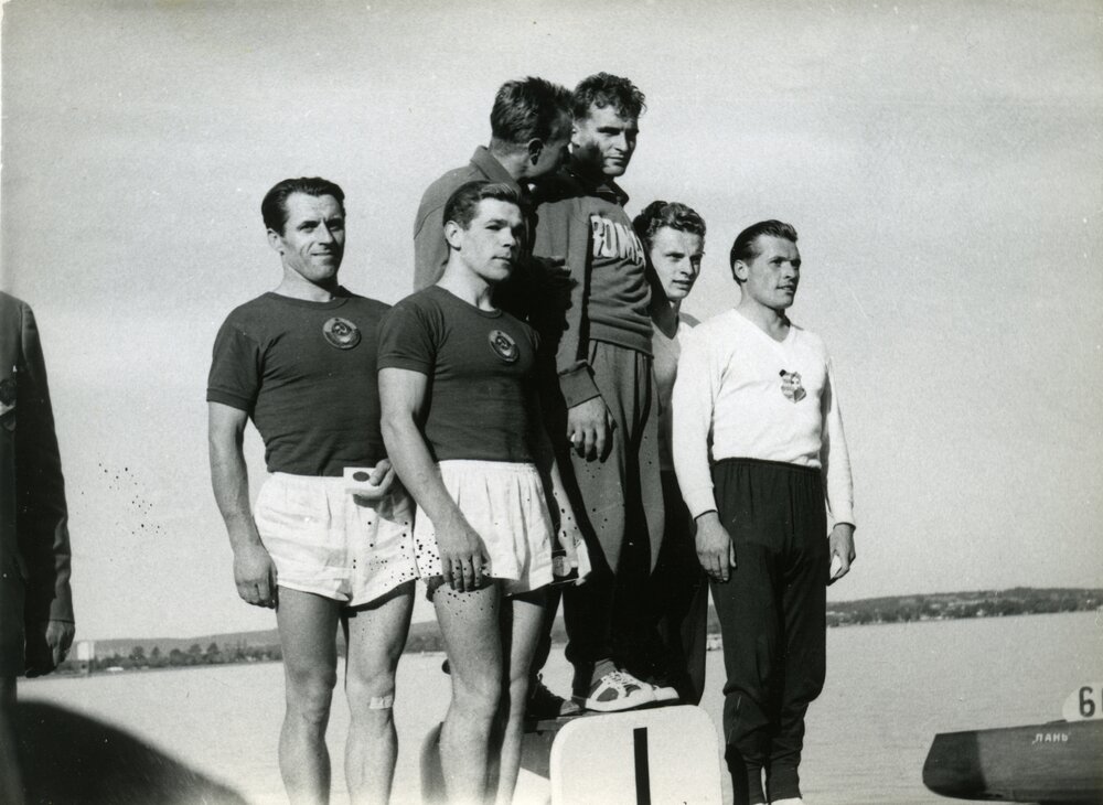 Olympic Games medal presentation, Men's C-2 1000m, Lake Wendouree, Ballarat, ca December 1956