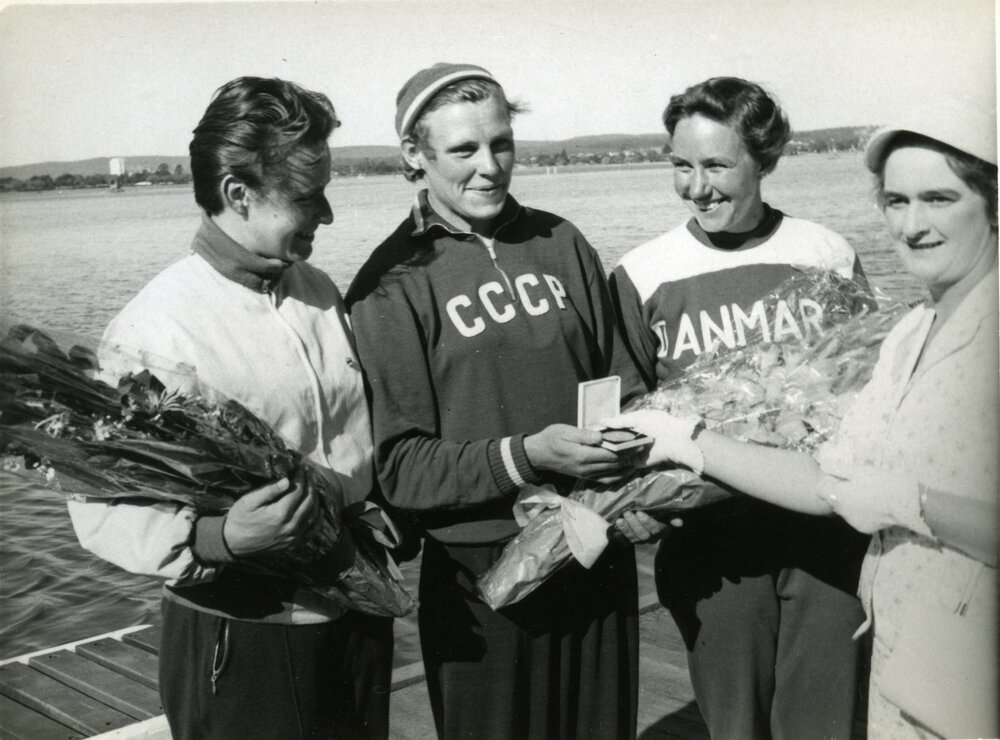 Olympic Games medal presentation, Women's canoeing K-1 500m, Lake Wendouree, Ballarat, ca December 1956