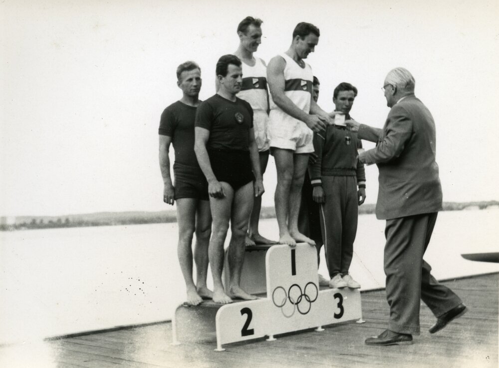 Olympic Games, medal presentation, Men's K-2 1000m, Lake Wendouree, Ballarat, ca December 1956