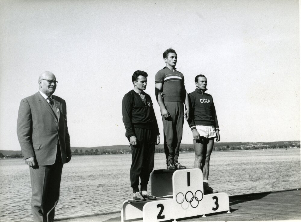 Olympic Games medal presentation, Men's C-1 1000m, Lake Wendouree, Ballarat, ca December 1956 
