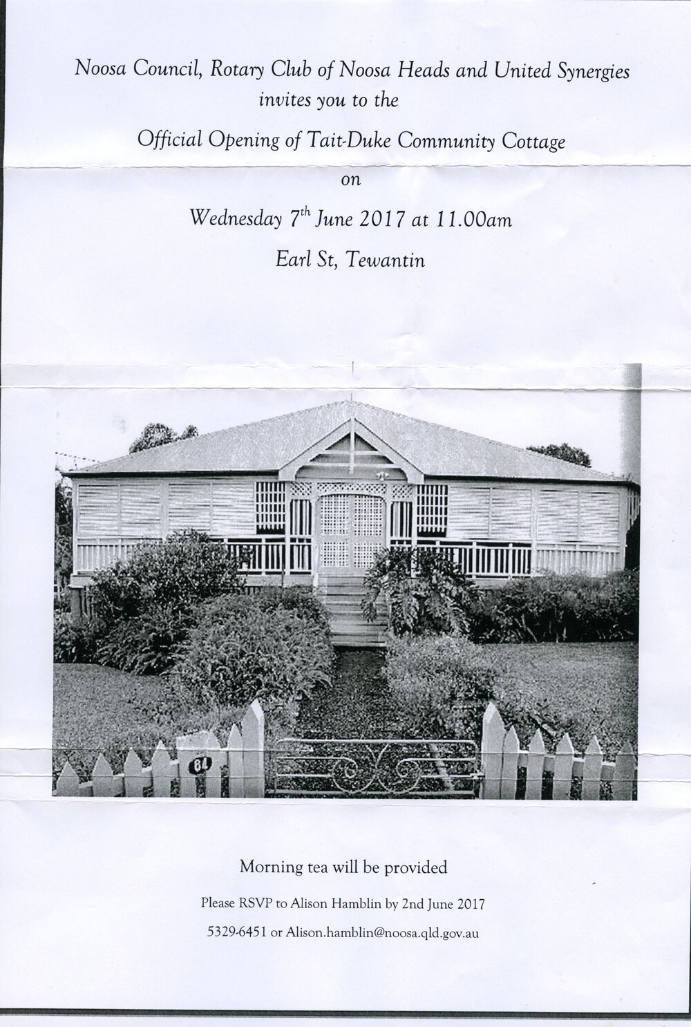 Invitation, Official opening Tait-Duke Cottage, Earl Street, Tewantin, 7 June 2017