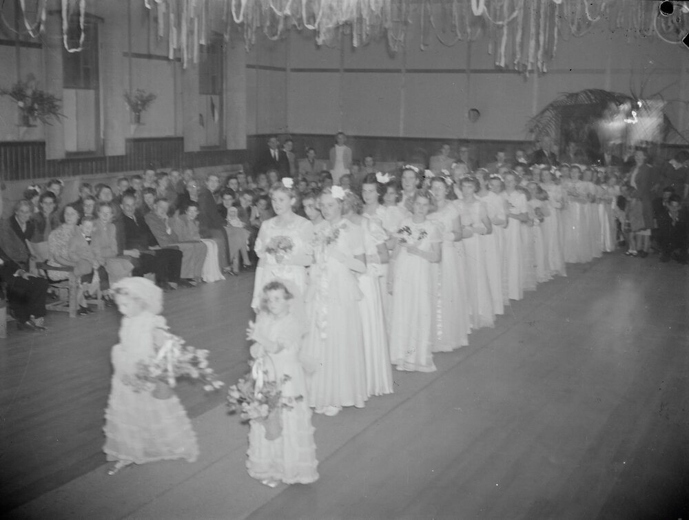 Procession, Children's Debutante Ball, Cooroy Memorial Hall, Maple Street, Cooroy, 1947
