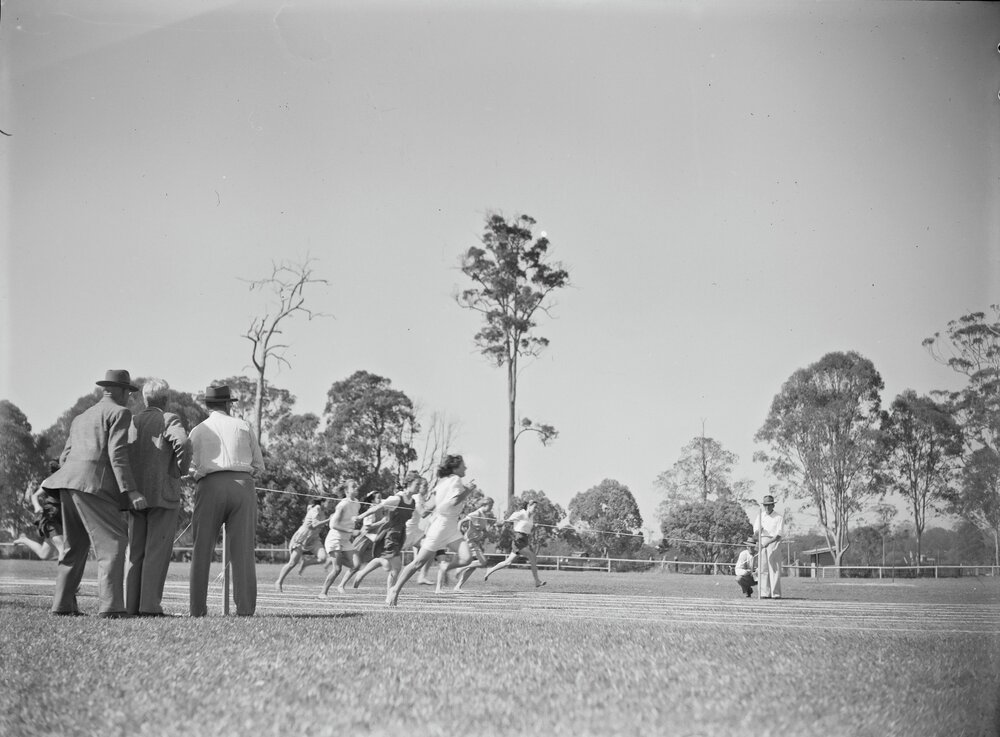 Across the line, Noosa Shire School Sports day, Cooroy Showgrounds, Cooroy, 1948