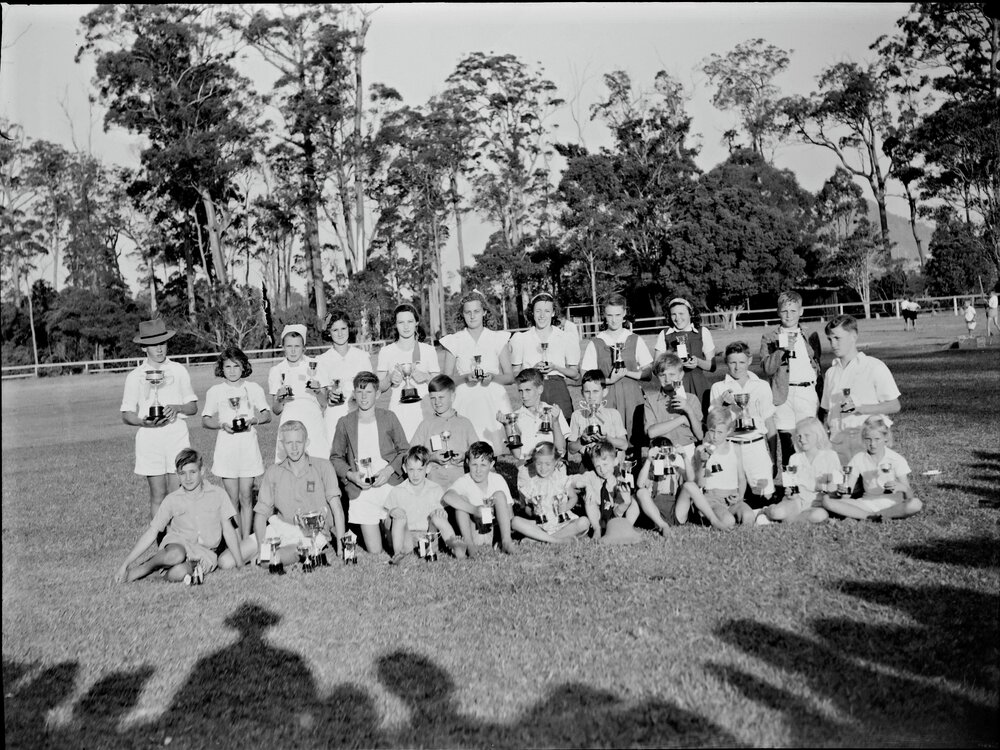 Trophy winners, Noosa Shire School Sports day, Cooroy Showgrounds, Cooroy, 1948