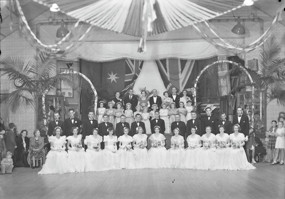 Attendees, Debutante Ball, Cooroy Memorial Hall, Maple Street, Cooroy, 1950