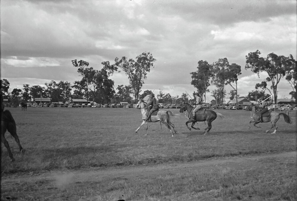 Cavalry demonstration, Cooroy Show, Cooroy Show Society Grounds, Mary River Road, Cooroy, 1951