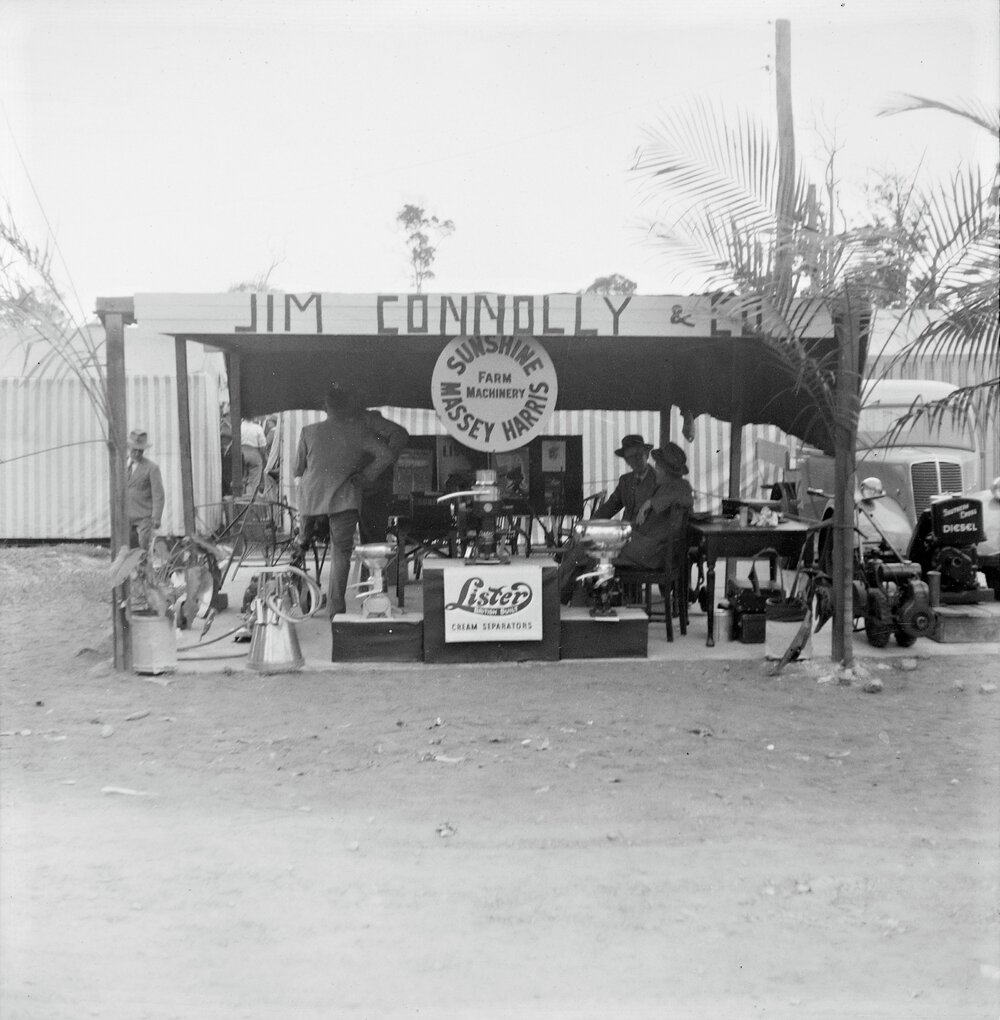Farm machinery display, Jim Connolly &amp; Co, Cooroy Show, Cooroy Show Society Grounds, Mary River Road, Cooroy, 1952