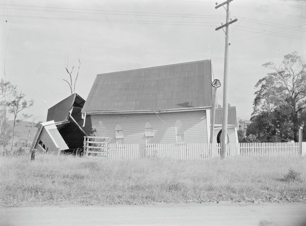 Cyclone damage, Church of the Holy Nativity, Tewantin Road, Cooroy, February 1954