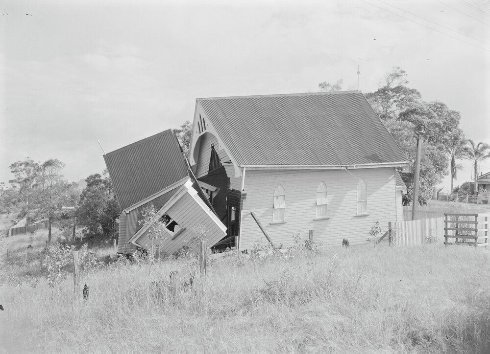 Cyclone damage, Church of the Holy Nativity, (Church of England) Tewantin Road, Cooroy, February 1954