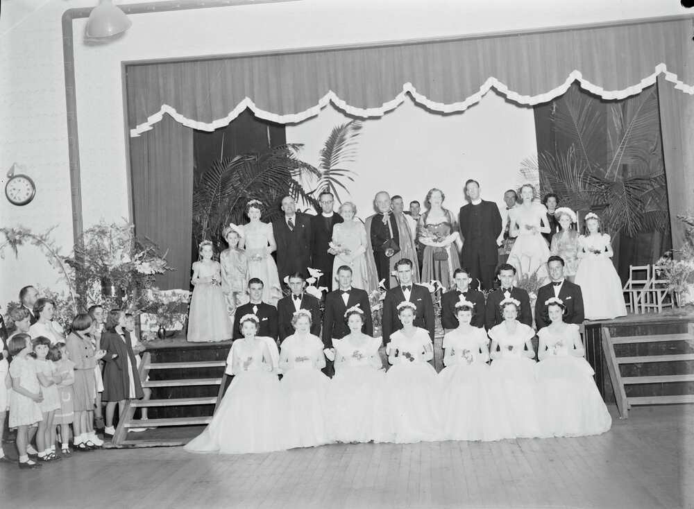Attendees, Catholic Debutante Ball, Cooroy Memorial Hall, Cooroy, 1954