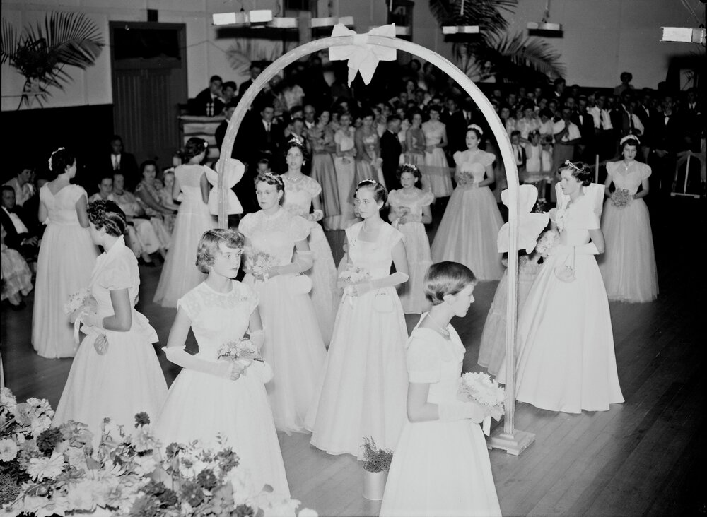 Attendees, Debutante Ball, Cooroy Memorial Hall, Maple Street, Cooroy, 1956