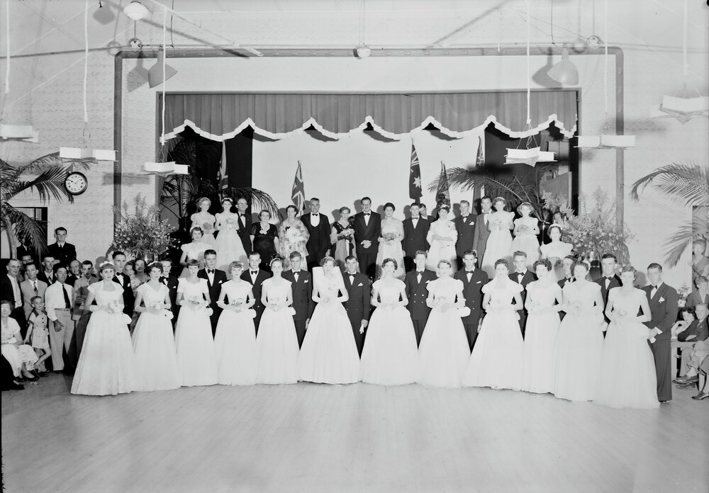 Attendees, Debutante Ball, Cooroy Memorial Hall, Maple Street, Cooroy, 1956