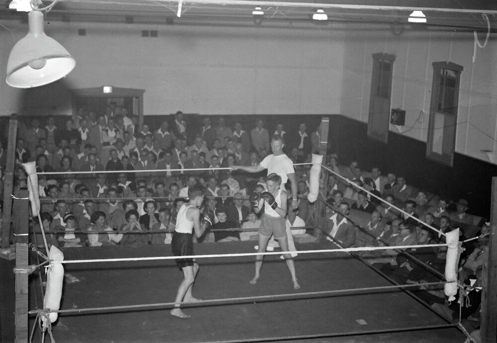 Boxing bout, Cooroy Memorial Hall, Maple Street, Cooroy, 1956