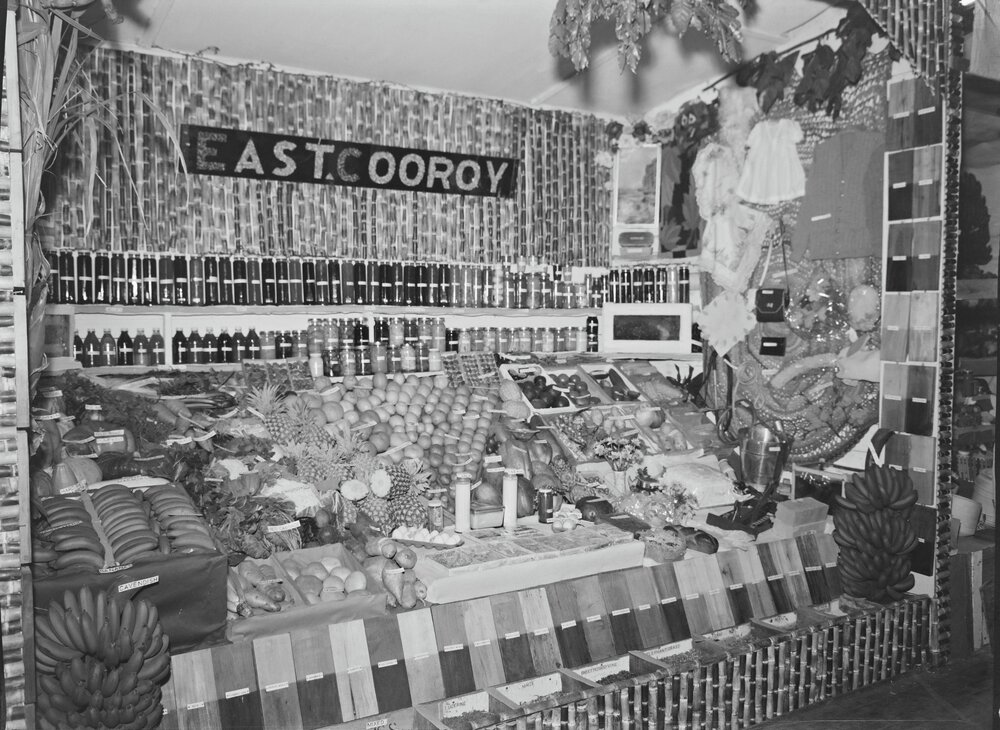 District exhibit, Cooroy East, Cooroy Show, Show Society Grounds, Mary River Road, Cooroy, 1957