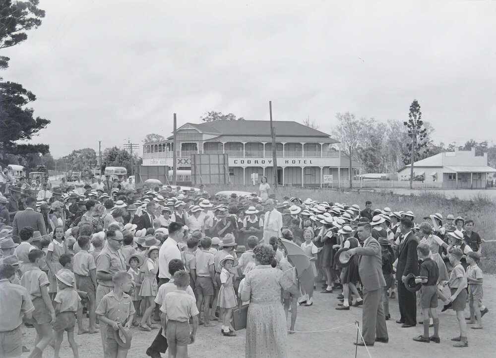 Crowds, Governor of Queensland visit, Elm Street, Cooroy, 1966