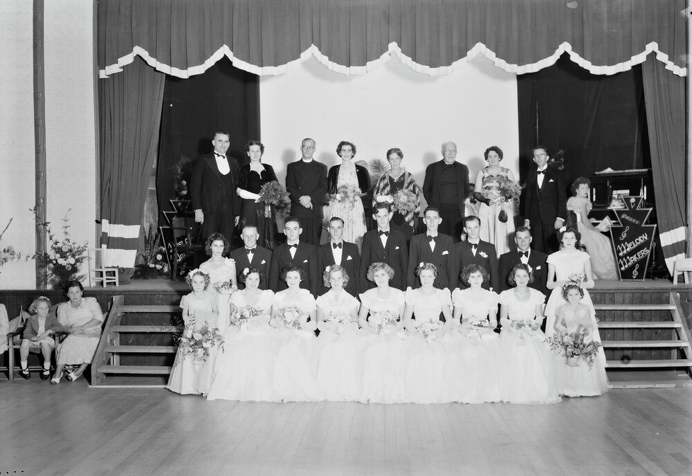 Attendees, Church of England debutante ball, Cooroy Memorial Hall &amp; School of Arts, Maple Street, Cooroy, 1953