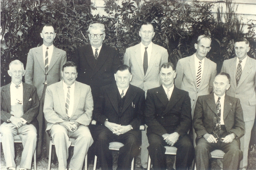 Councillors and Shire Clerk, Noosa Shire Council's 50th Anniversary meeting attendees, Cooran Hall, Cooran, May 1960