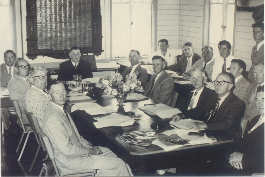 Councillors and Shire Clerk, Noosa Shire Council's 50th Anniversary meeting attendees, Cooran Hall, Cooran, May 1960