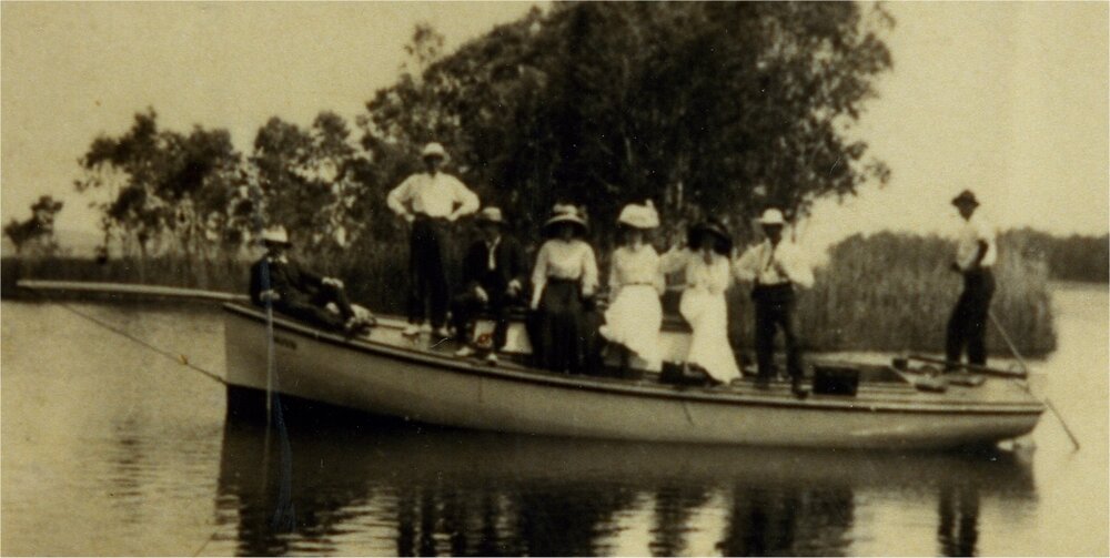 Boating party, Fig Tree Point,  Cooloola Recreation Area, Great Sandy National Park, Cooloola, 1909