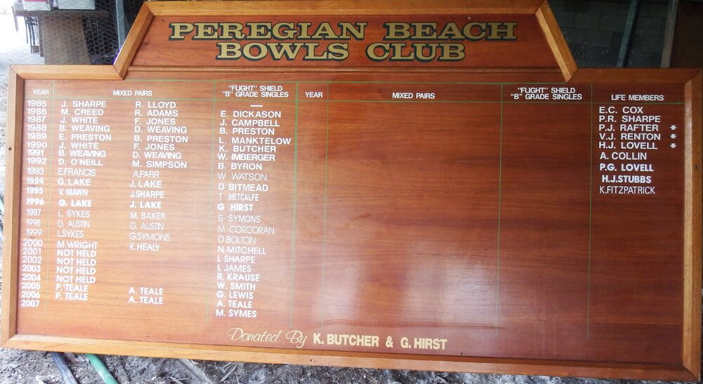 Honour Board, Mixed Pairs, 'Flight Shield', 'B' Grade Singles, Life Members,  Peregian Beach Bowls Club, 1985-2007