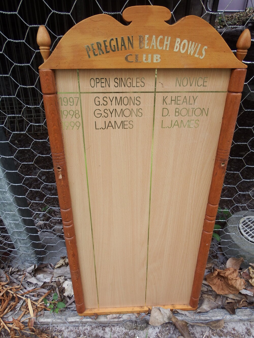 Honour Board, Open Singles and Novice, Peregian Beach Bowls Club, 1997-2000