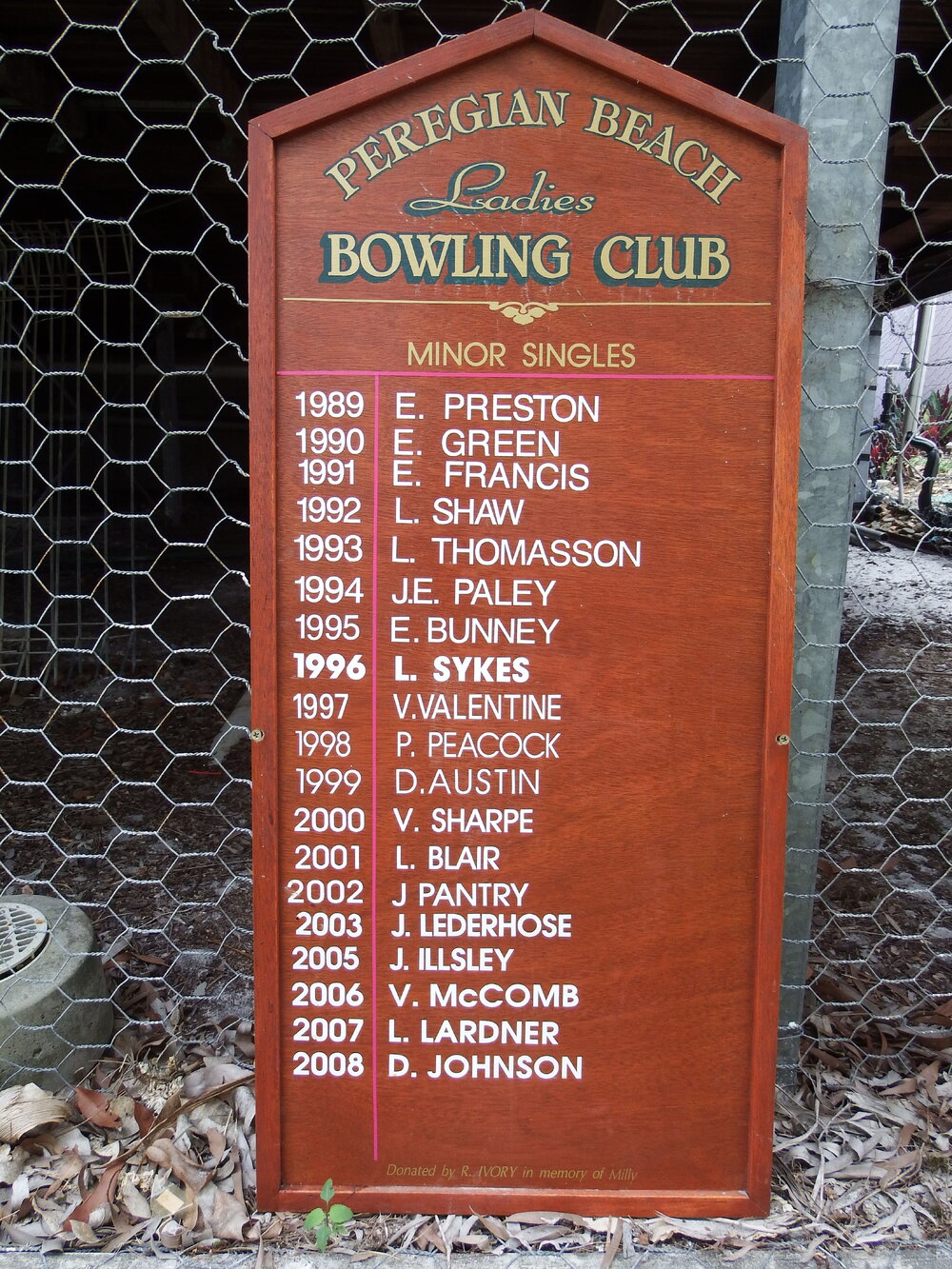 Honour Board, Minor Singles, Peregian Beach Bowls Club, 1989-2008