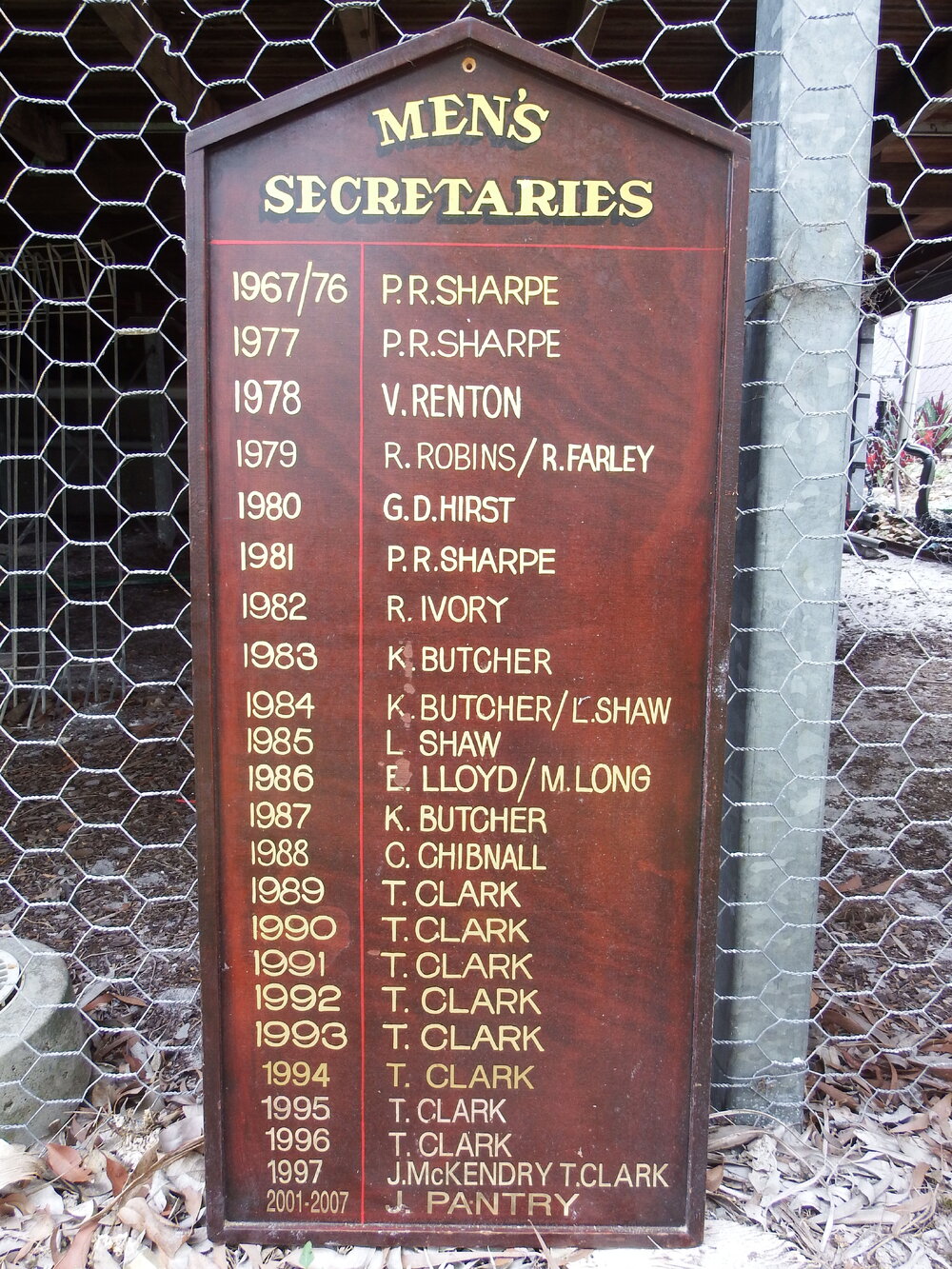 Honour Board, Men's Secretaries, Peregian Beach Bowls Club, 1967-2007