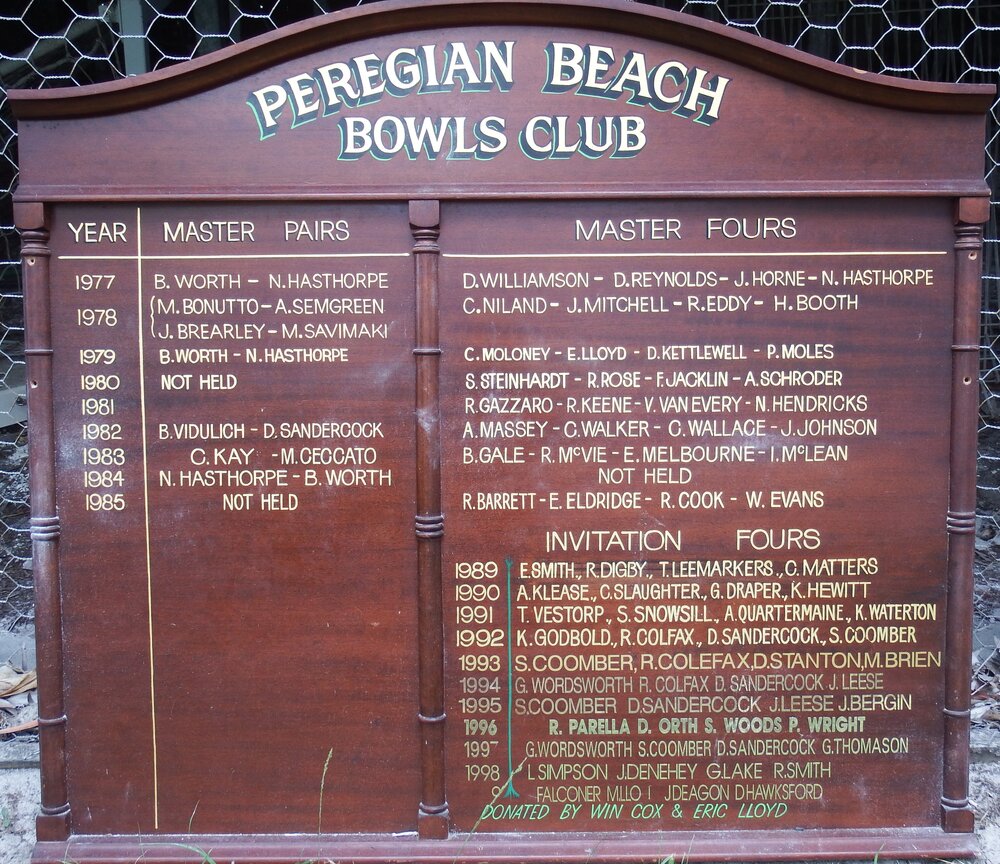 Honour Board, Master Pairs, Master Fours and Invitation Fours, Peregian Beach Bowls Club, 1977 - 1999