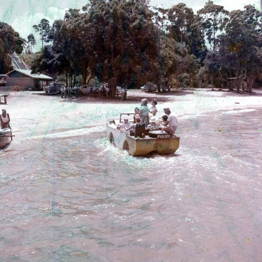 Minister for Public Lands (possibly Hon. Alan Fletcher), Noosa Councillors and guests, Lake Cootharaba, Boreen Point, 1960