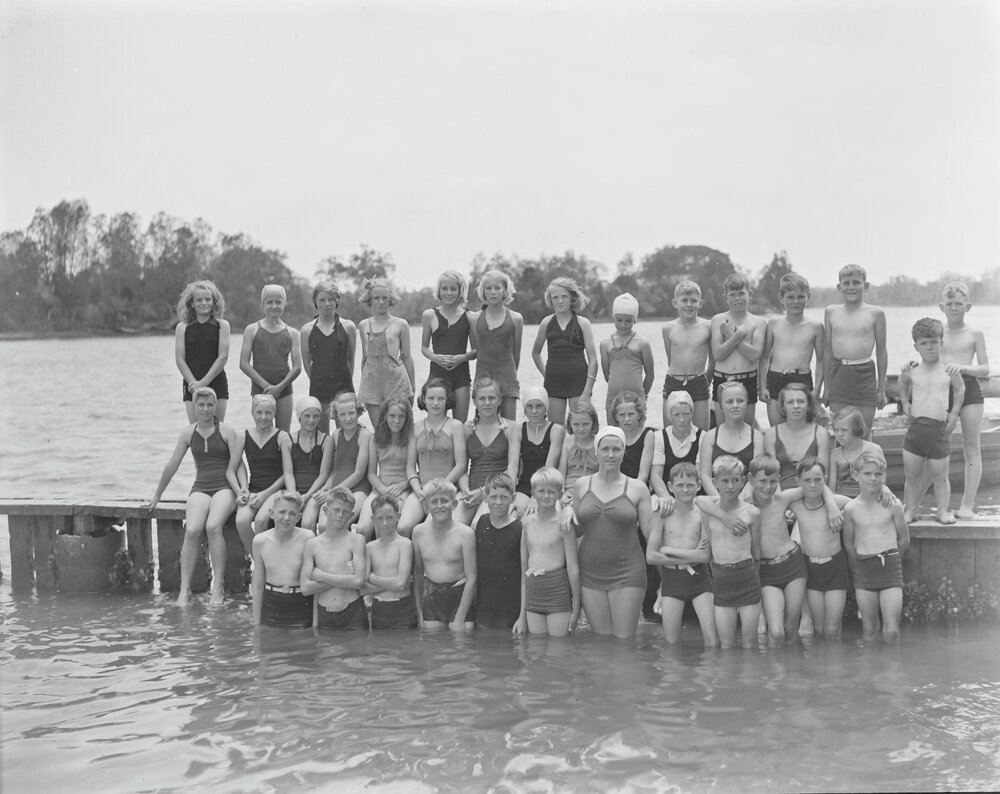 Swimming group, Tewantin State School, Noosa River, Tewantin, 1946