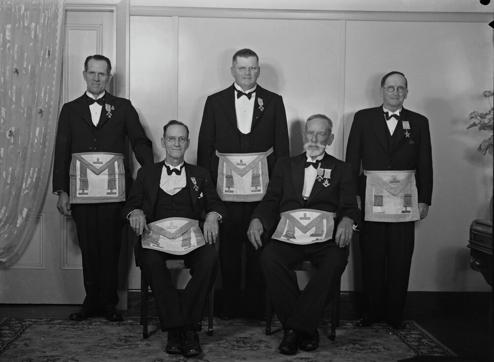 Informal portrait, foundation members, Freemasons Masonic Lodge, 30 Moorindil Street, Tewantin,