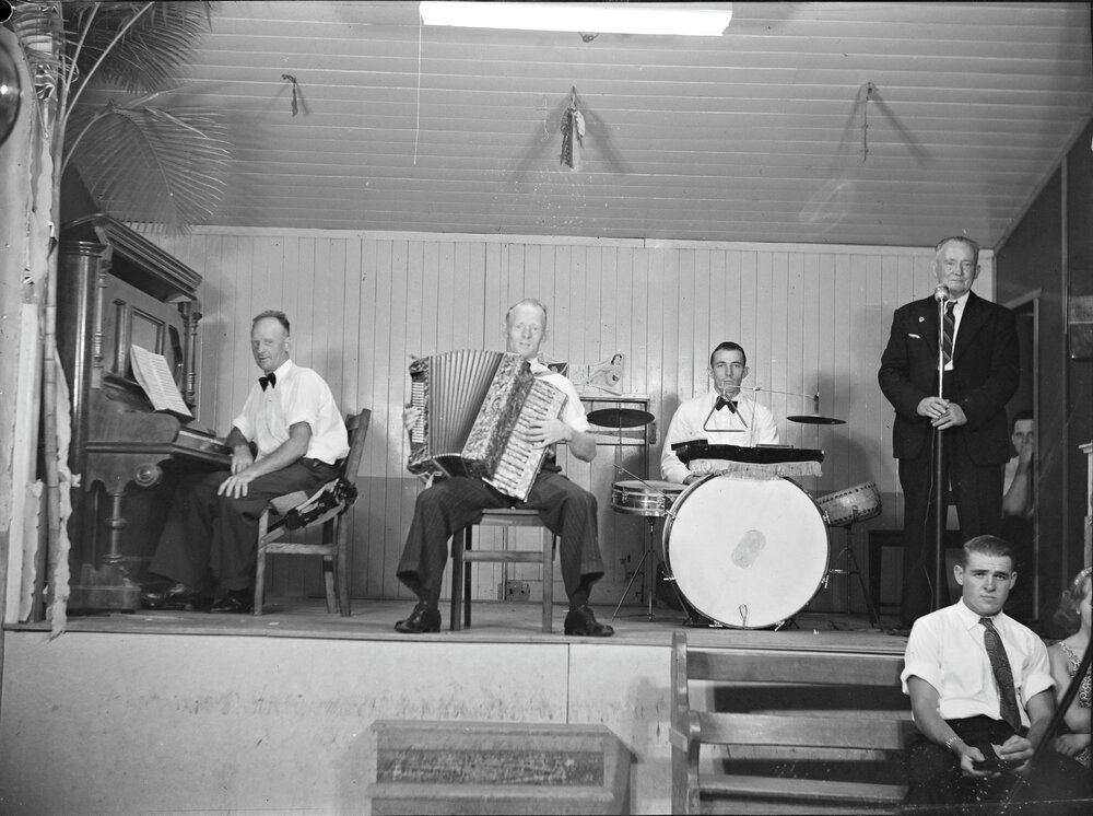 Band members, Mock Wedding, RSL Memorial Hall, Poinciana Avenue, Tewantin, 1950
