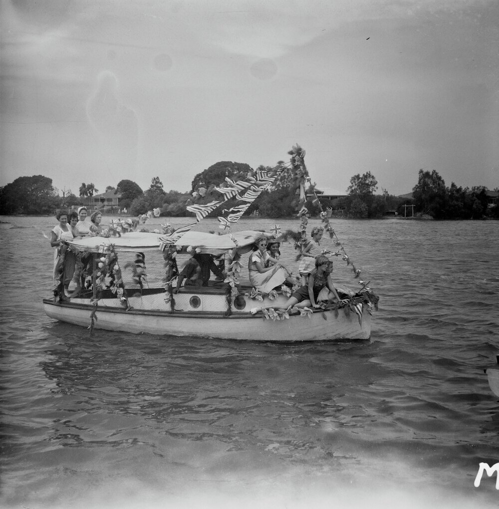 'Miss Tewantin', festively decorated, Noosa River, ca 1950s