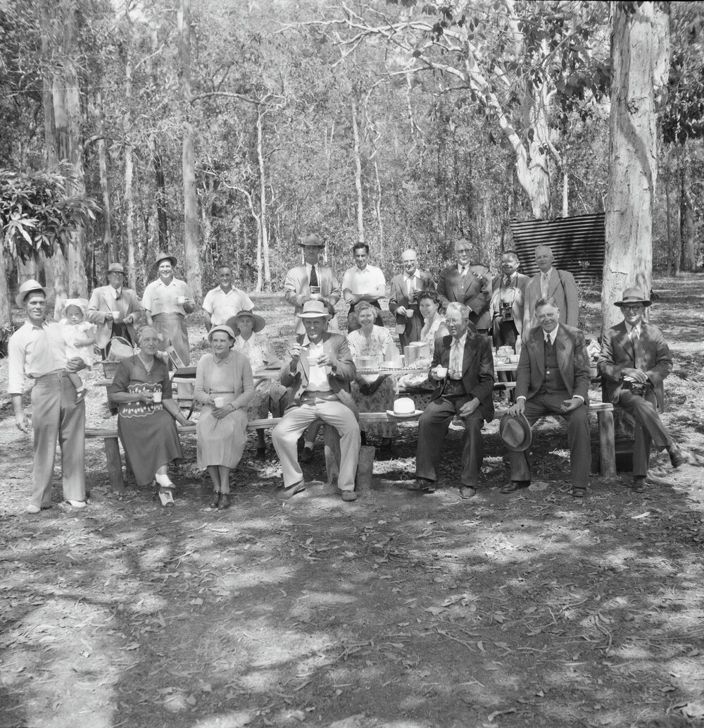 Tea and cake celebrations, after laying Foundation Stone, Freemasons Lodge No. 355, 30 Moorindil Street, Tewantin,  5 September 1953