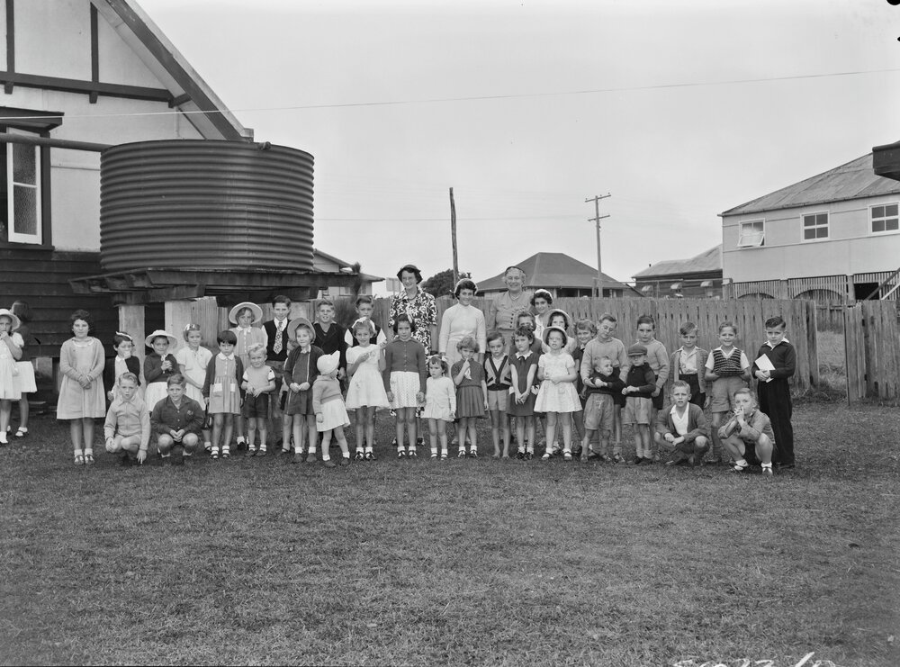 Group photo, Sunday School opening, St Stephen's Presbyterian Church, 41 Poinciana Avenue, Tewantin,  ca 1955