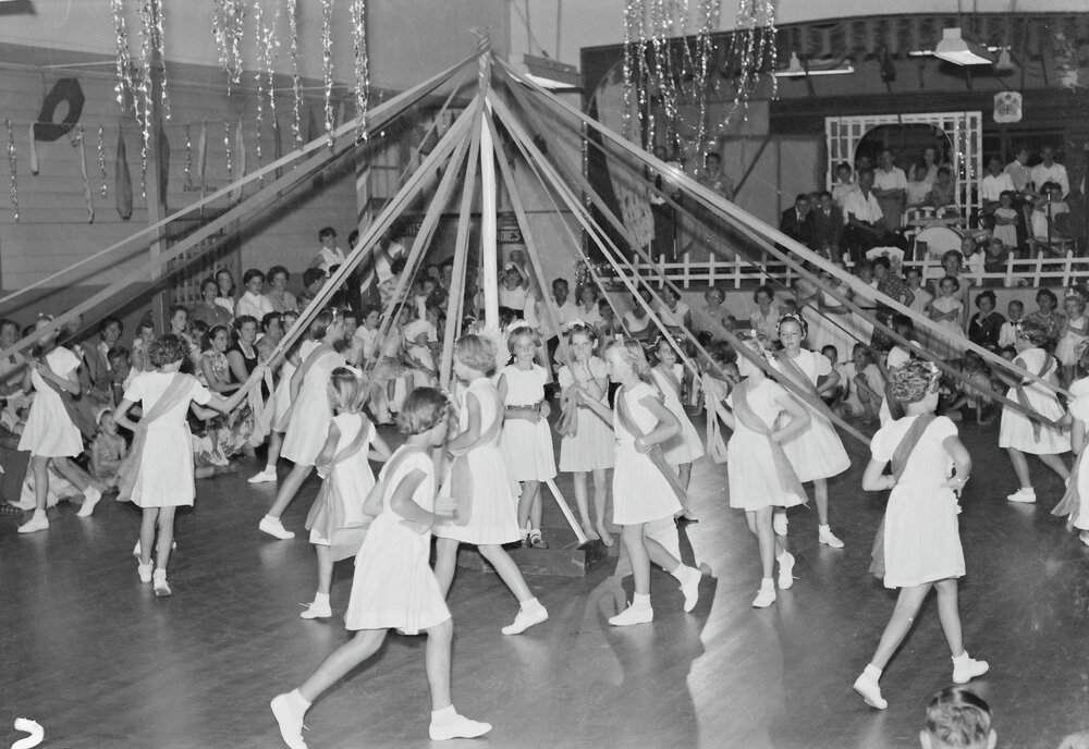 Maypole dancers, RSL Memorial Hall and School of Arts, Tewantin, 1955