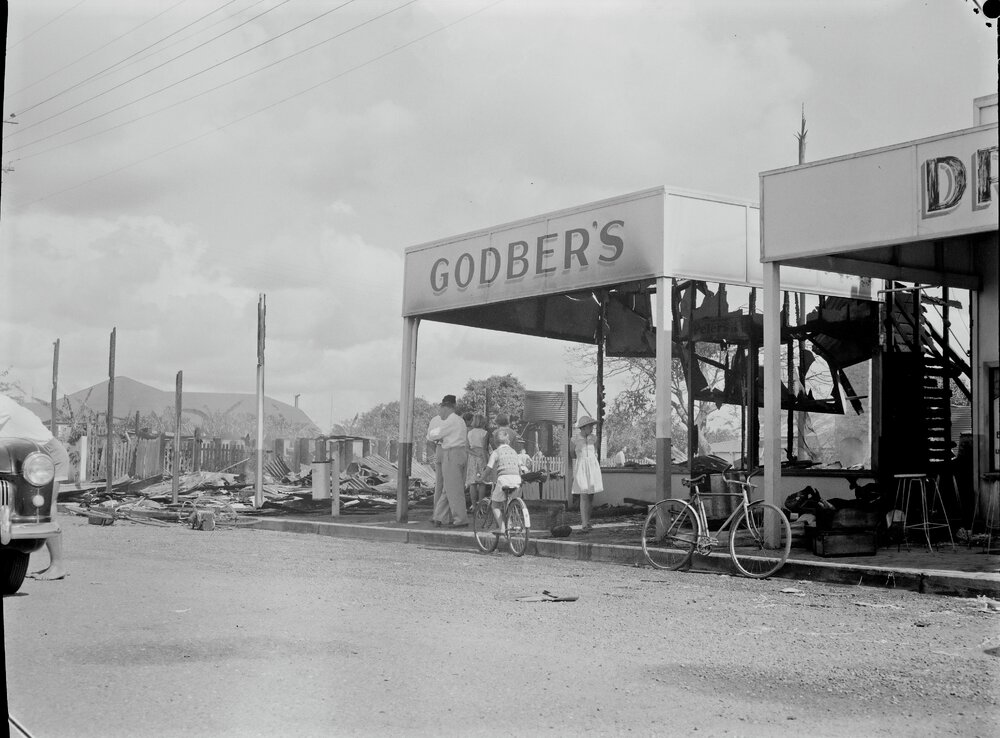 Fire remains, Godber's Drapers, Poinciana Avenue, Tewantin, 1956