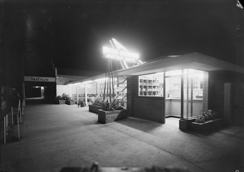 Night views, Bottle Department and Beer Garden, Royal Mail Hotel, Tewantin, 1957