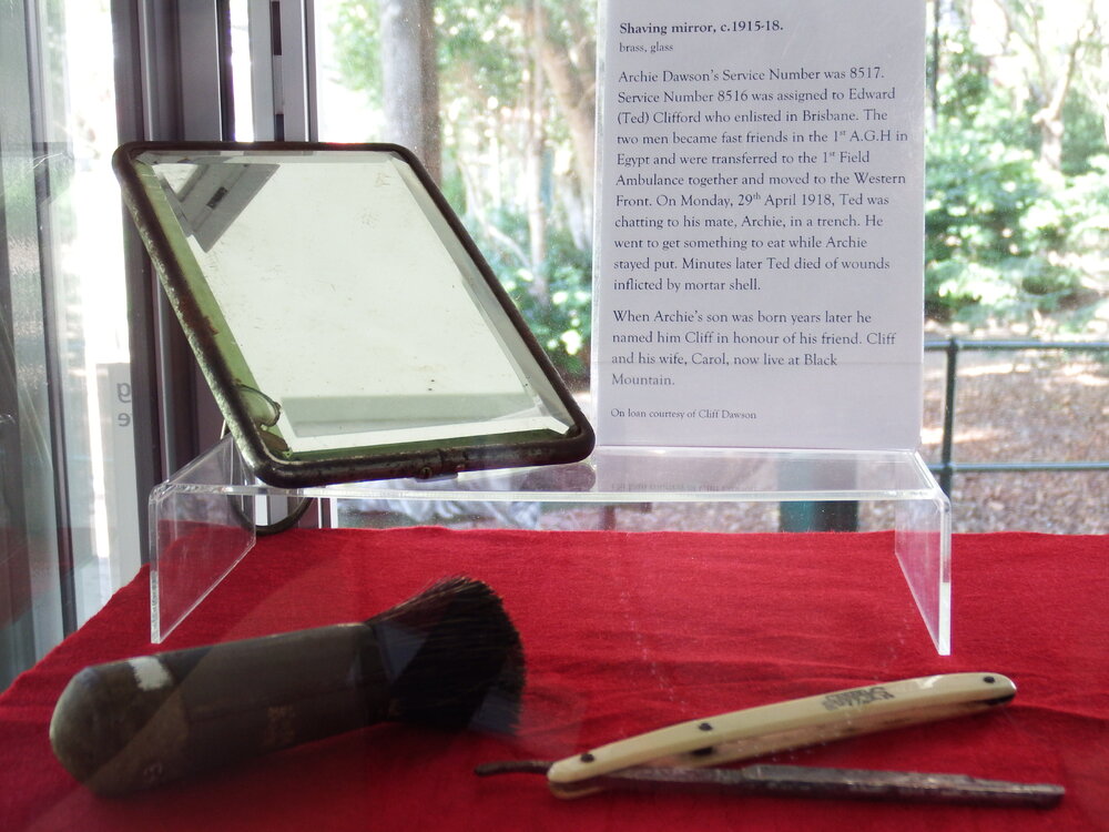 Shaving instructments, Noosa's War Front Exhibition, Noosaville Library, Noosaville, 20 November 2015