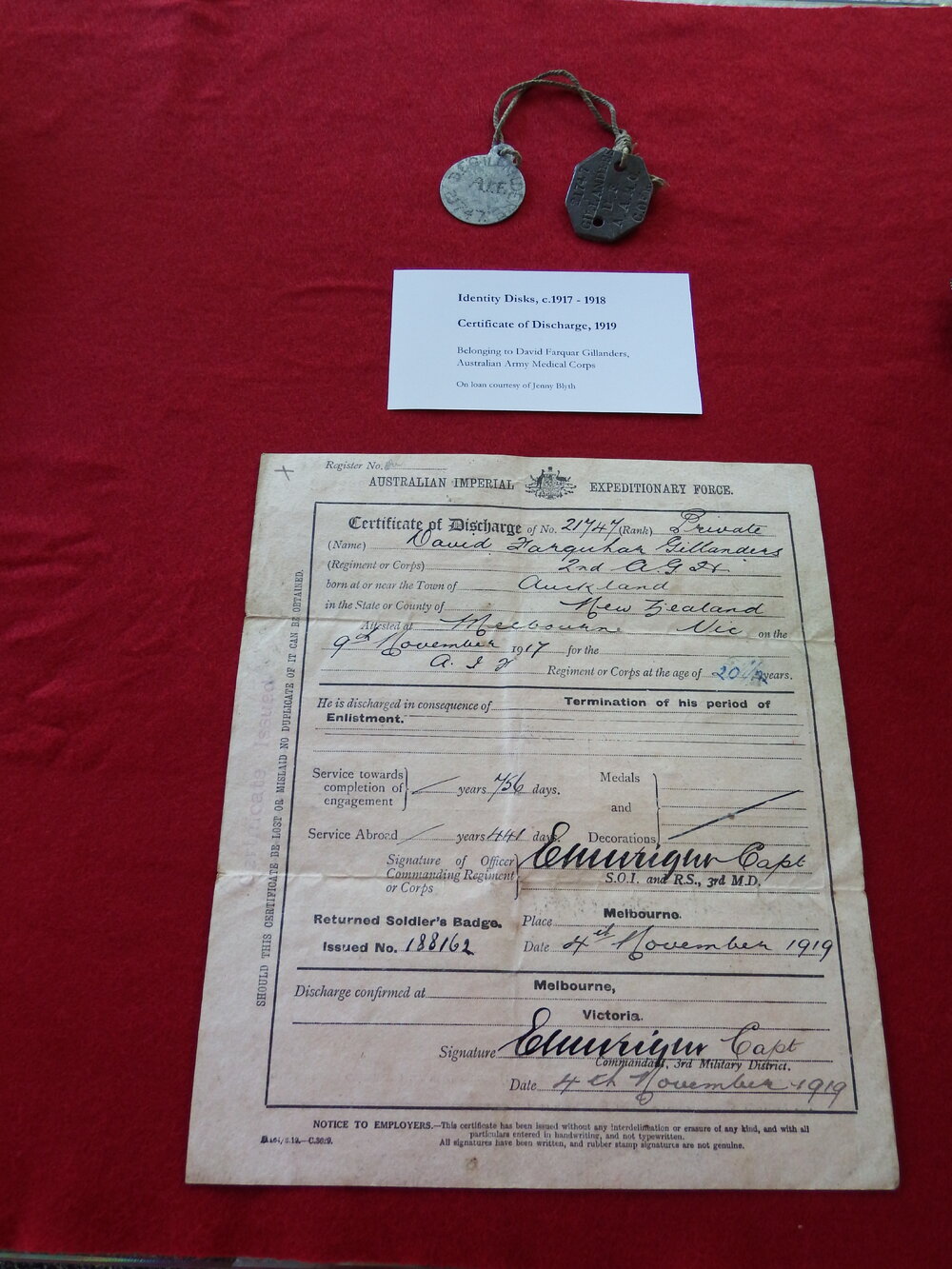 Cerificate of Discharge exhibit, Noosa's War Front Exhibition, Noosaville Library, Noosaville, 20 November 2015