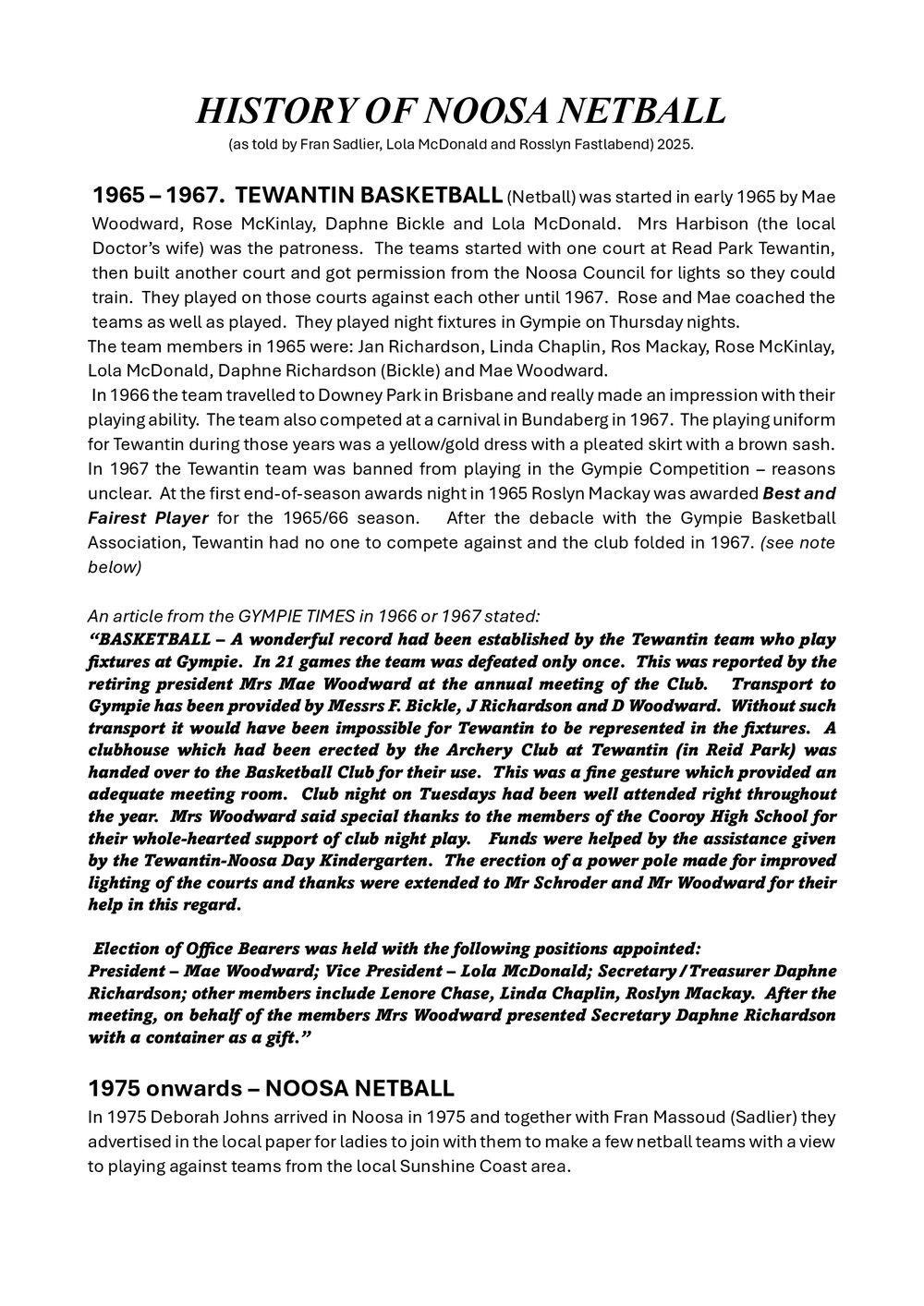 History of Noosa Netball